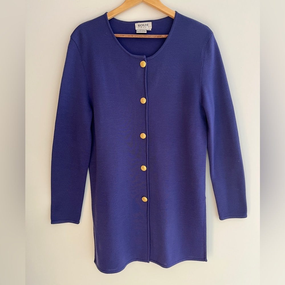 VINTAGE Rouie Knit Cardigan Tunic Gold Buttons Side Slits Layer Made Hong Kong